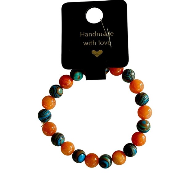 Handmade Beaded Stretch Bracelet Orange Blue Round Beads - Picture 1 of 2